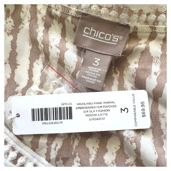 Chico’s Women’s 3 Highland Park Animal Print Embroidered 3/4 Sleeve Popover Top - Picture 9 of 11